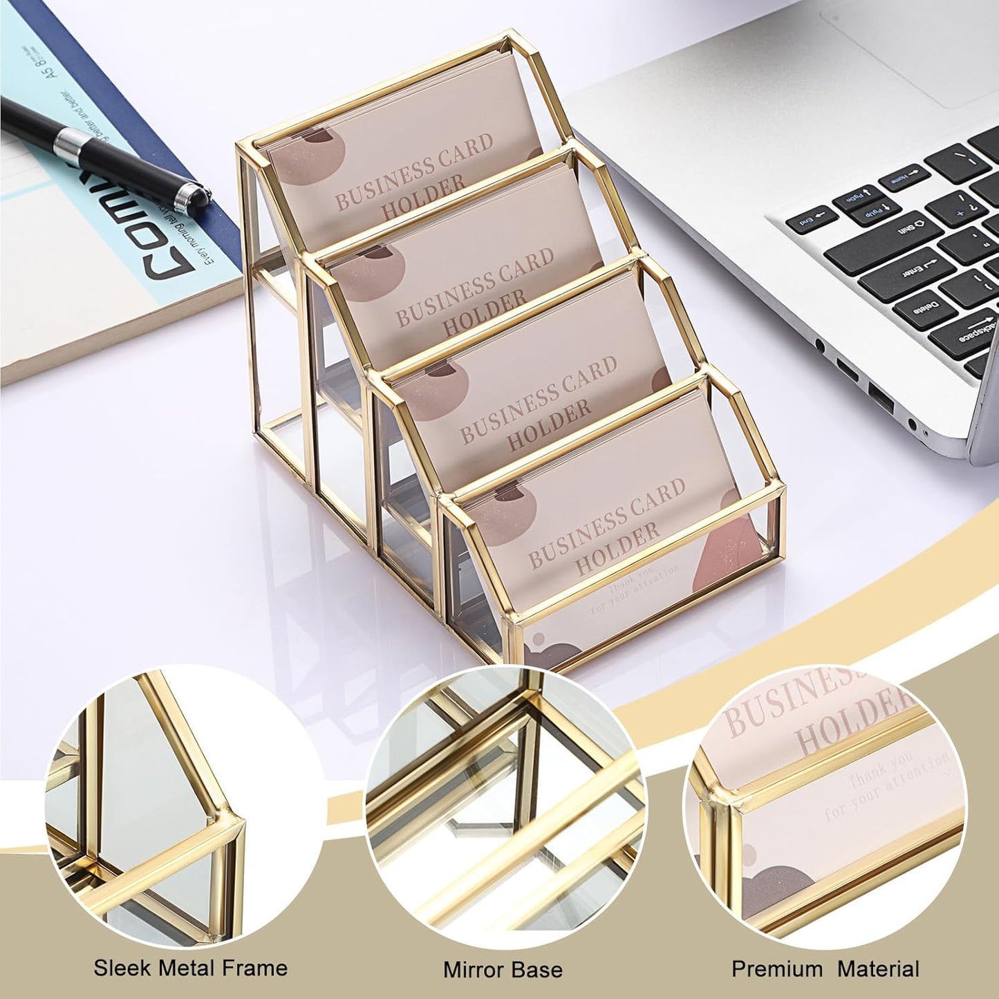 Hipiwe 4 Slots Glass Business Card Holder for Desktop, Gold Mirrored Business Card Display Stand, Multiple Clear Business Name Card Organizer Holder for Office Exhibition