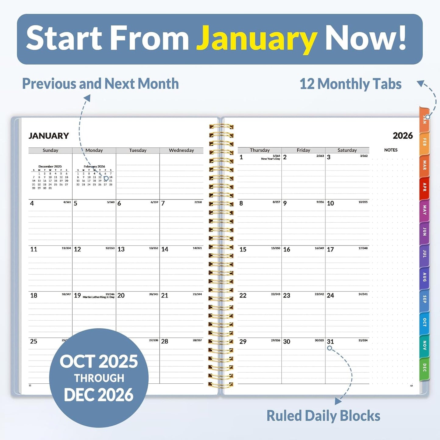 SUNEE 2026 Weekly and Monthly Planner - from January 2026 - December 2026, 8.5"x11" Daily Agenda Planner with Monthly Tab, Flexible Cover, Note Pages, Pockets, Bookmark, Spiral Binding, Gray Blue