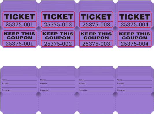 DGBDPACK 100 Raffle Tickets, 50/50 Double Ticket, Bold Numbers for Easy Reading, Ticket for Events, Entry, Class Reward & Prizes -Purple