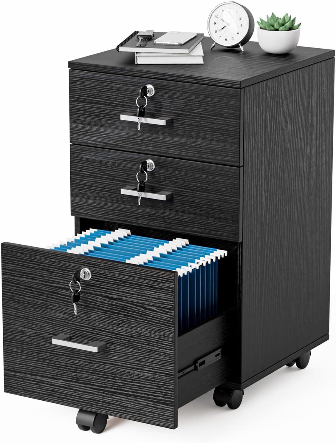 VINGLI 3-Drawer File Cabinet with Lock, Wood Rolling Filing Cabinets for Home Office, Mobile Printer Stand, Under Desk File Organizer for Letter Sized Files, 26" H(Caster Included), Black