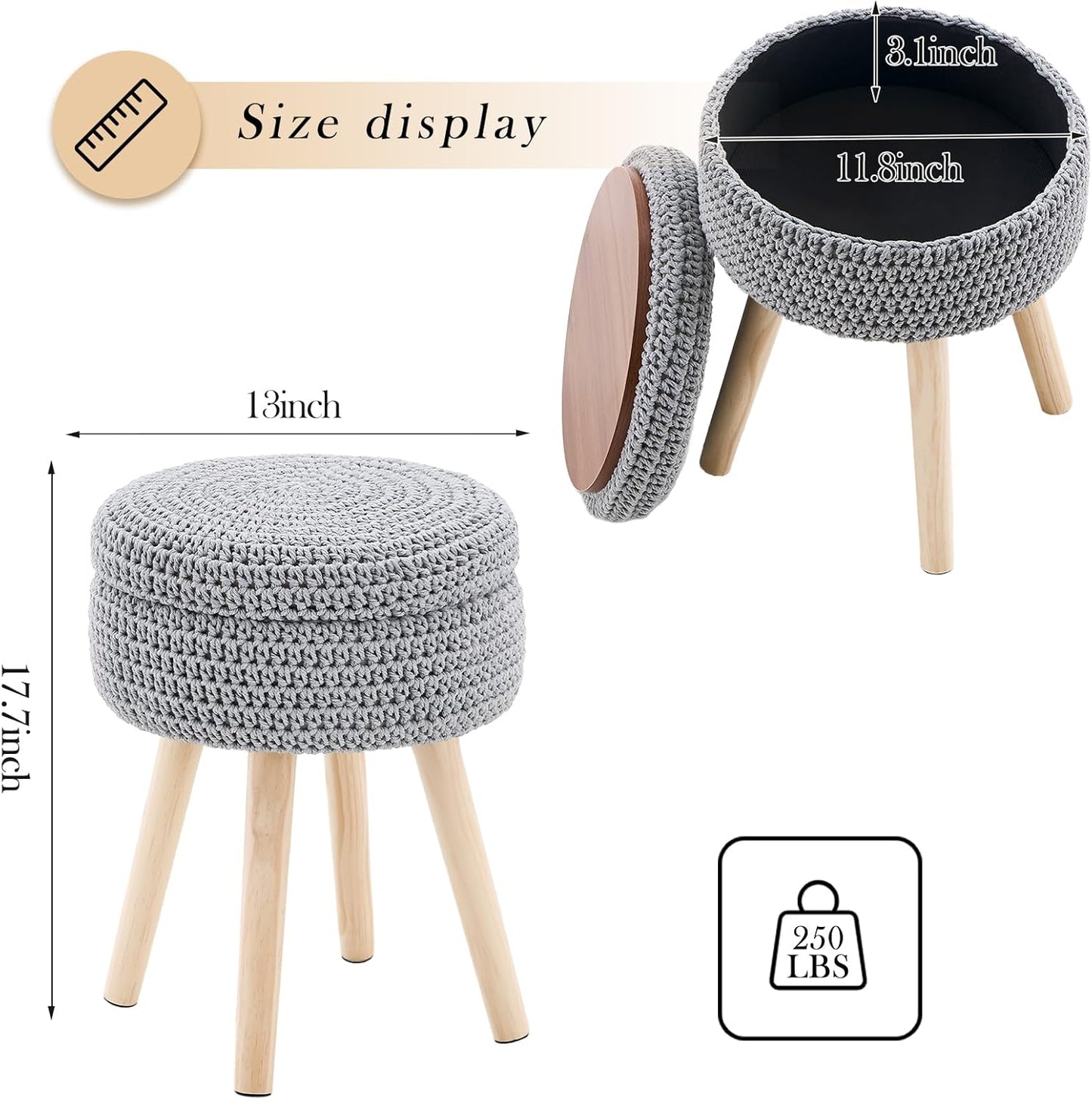 Round Foot Stool Ottoman with Storage Footrest with Wood Legs Cotton Knitted Vanity Stool Tray Top Coffee Table Multifunctional Upholstered Footstool for Living Room Bedroom Grey