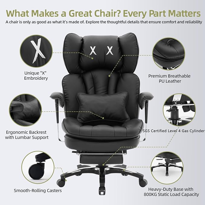 Efomao Big and Tall Office Chair with Footrest – High Back Computer Chair with Adjustable Armrests，Executive Office Chair with Wide Seat, Modern Desk Chair for Home Office, Gaming, or Study, Black