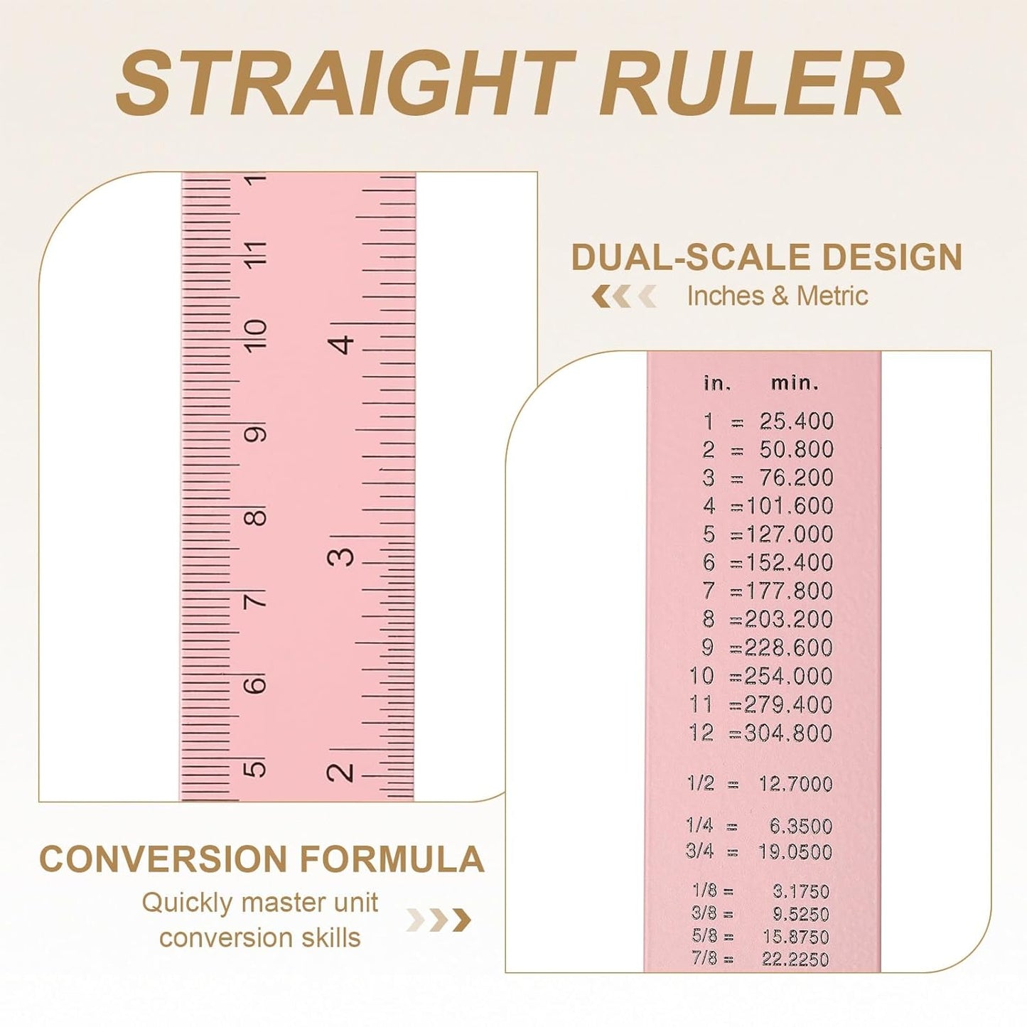 HARFINGTON 2pcs Metal Straight Ruler 20cm Metric SAE Aluminum Alloy Measuring Rulers Scale Tool with Hole for Measure Study Reading Classroom Office, Pink