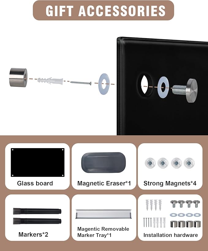 Magnetic Glass Whiteboard，36"x24" Wall Mounted Frameless Dry Erase Board for Office, Home & School Black