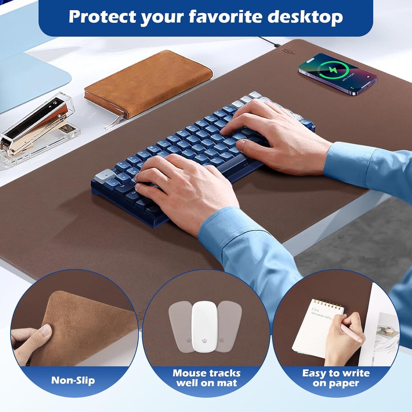 Wireless Charging Desk Mat with Desk Pad for Desktop Charging Large Mouse Pad Waterproof Leather Computer Mat Mouse Pad Non-Slip Protector on Top of Desks for Keyboard and Mouse (brown-r, 32*16inch)