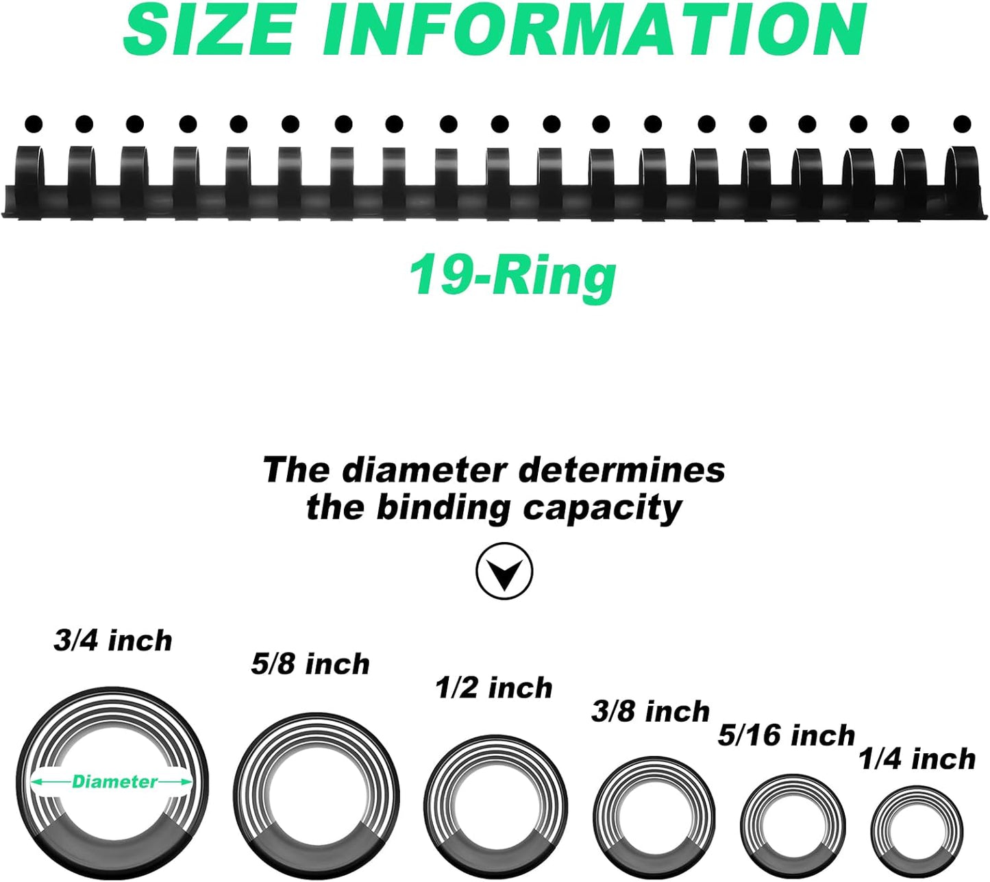 Yunsailing 150 Pack Plastic Binding Combs Plastic Binder Comb Ring 19 Ring Binding Spines Letter Size Spiral coils for Notebook Calendar(1/4 5/16 3/8 1/2 5/8 3/4 in,Black)
