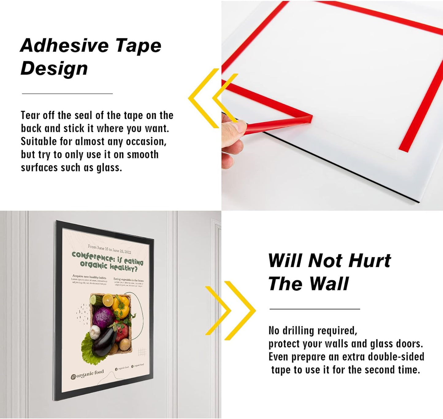 Acrylic Magnetic Sign Holder, Easy-Opening 8.5 x 11 Wall Mount Display Frames, Self Adhesive Back Plastic Clear Document Frame, Horizontal & Vertical Display (Black, 12Pack)