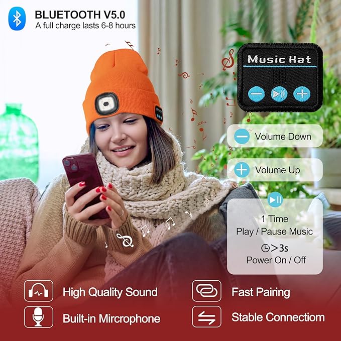 Gifts for Men, Rechargeable Bluetooth Music Unisex Beanie Hat with Light, Stocking Stuffers for Women, Birthday Gifts for Men, for Him, Orange