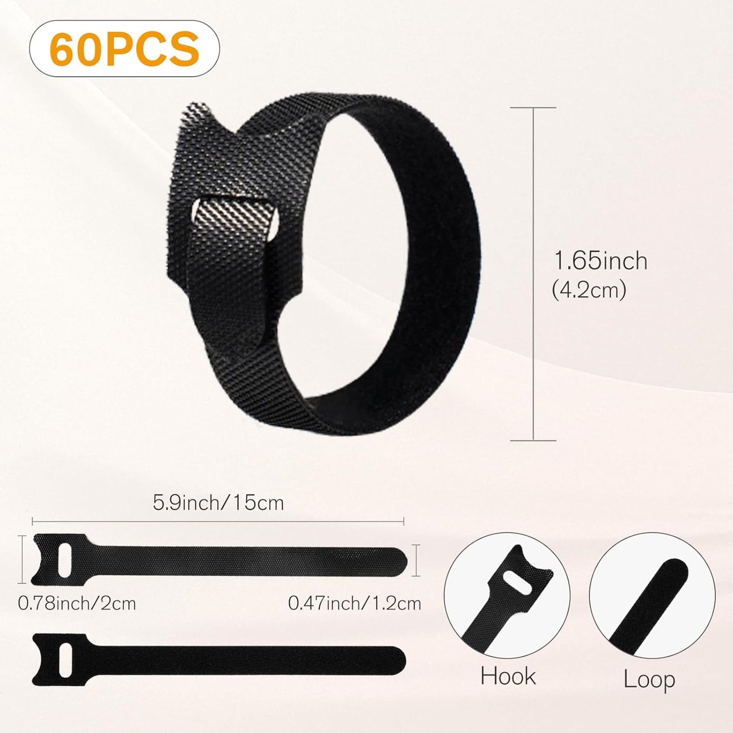 CableGeeker 60 PCS Reusable Cable Ties (6 Inch) - Adjustable Hook and Loop Cord Straps, Wire Organizer for Home, Office, Electronics - Black