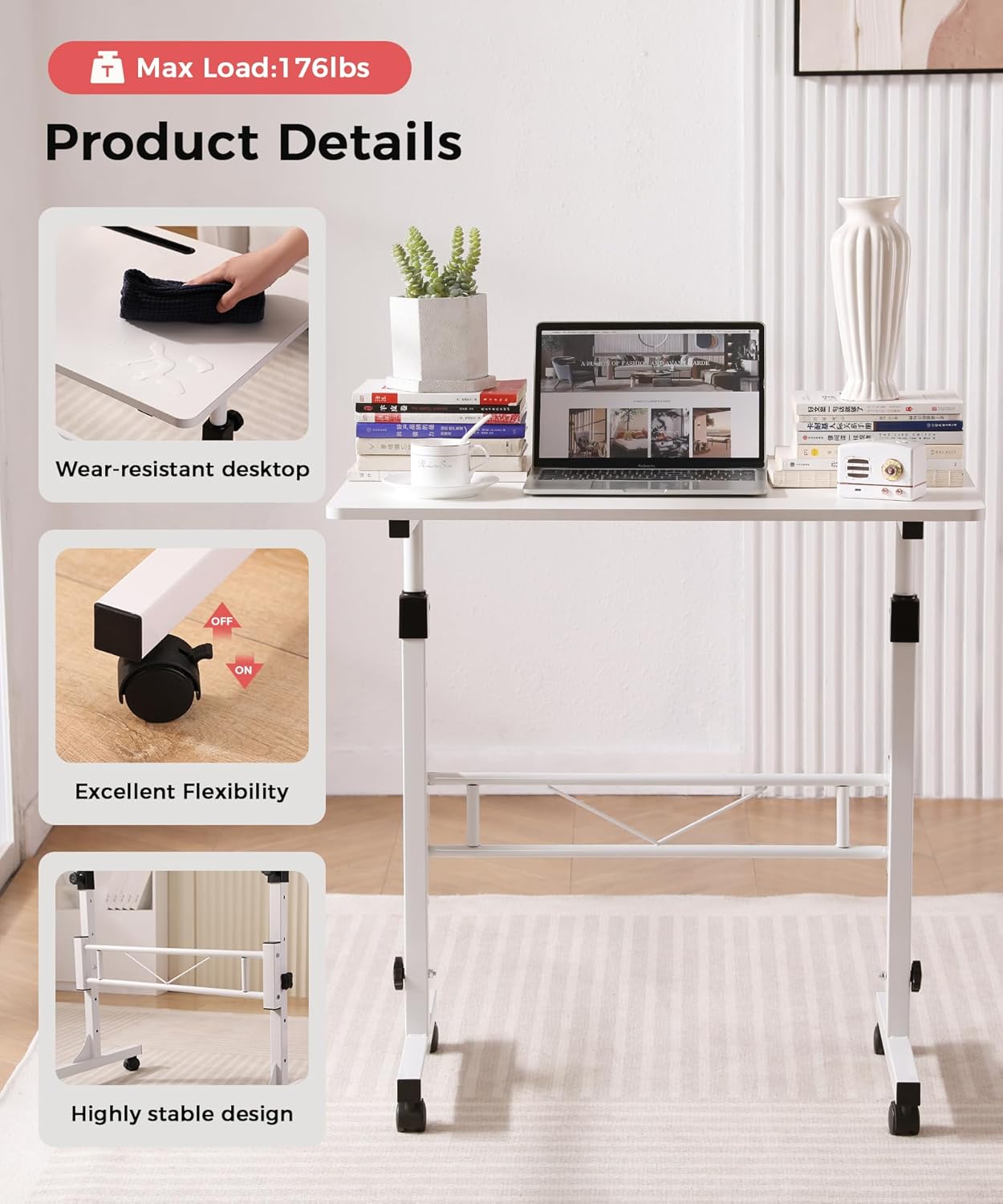 KLSMYHOKI Portable Standing Desk Adjustable Height, Small Computer, Laptop, Mobile Stand Up Rolling Desk with Wheels, Table for Home Office, 16"x31.5" Height 27"-43.5", White