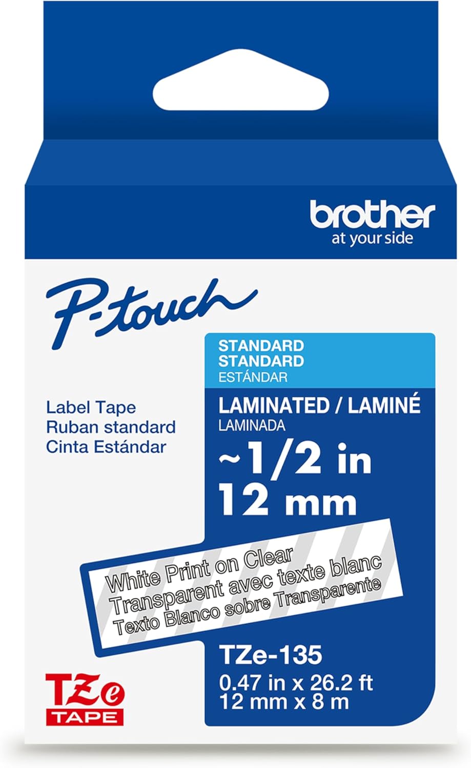 Brother TZe135 Laminated Tape, 1/2 Inch, White on Clear
