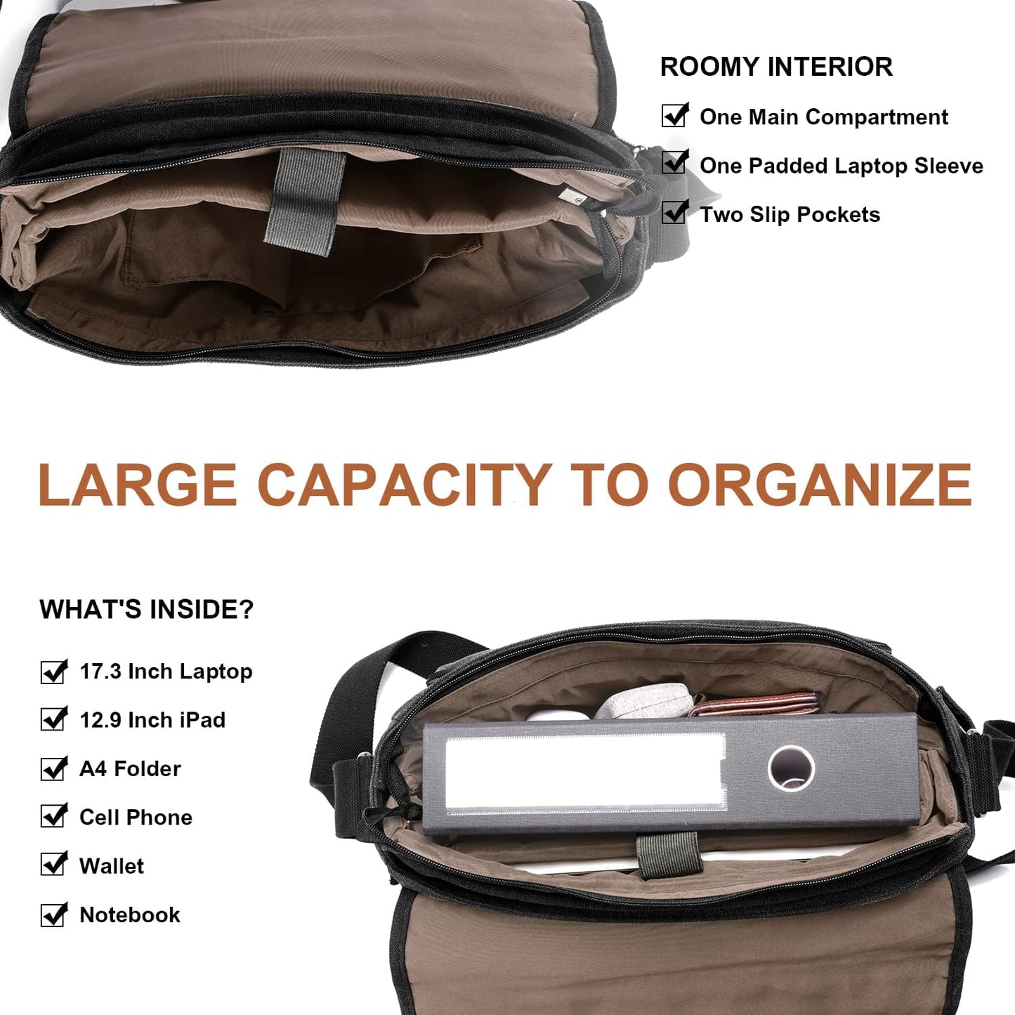 ESTARER Messenger Bag 17-17.3 Inch, Men's Computer Bag Water-resistant Canvas, Teacher Laptop Satchel for Work Office College, Dark Grey