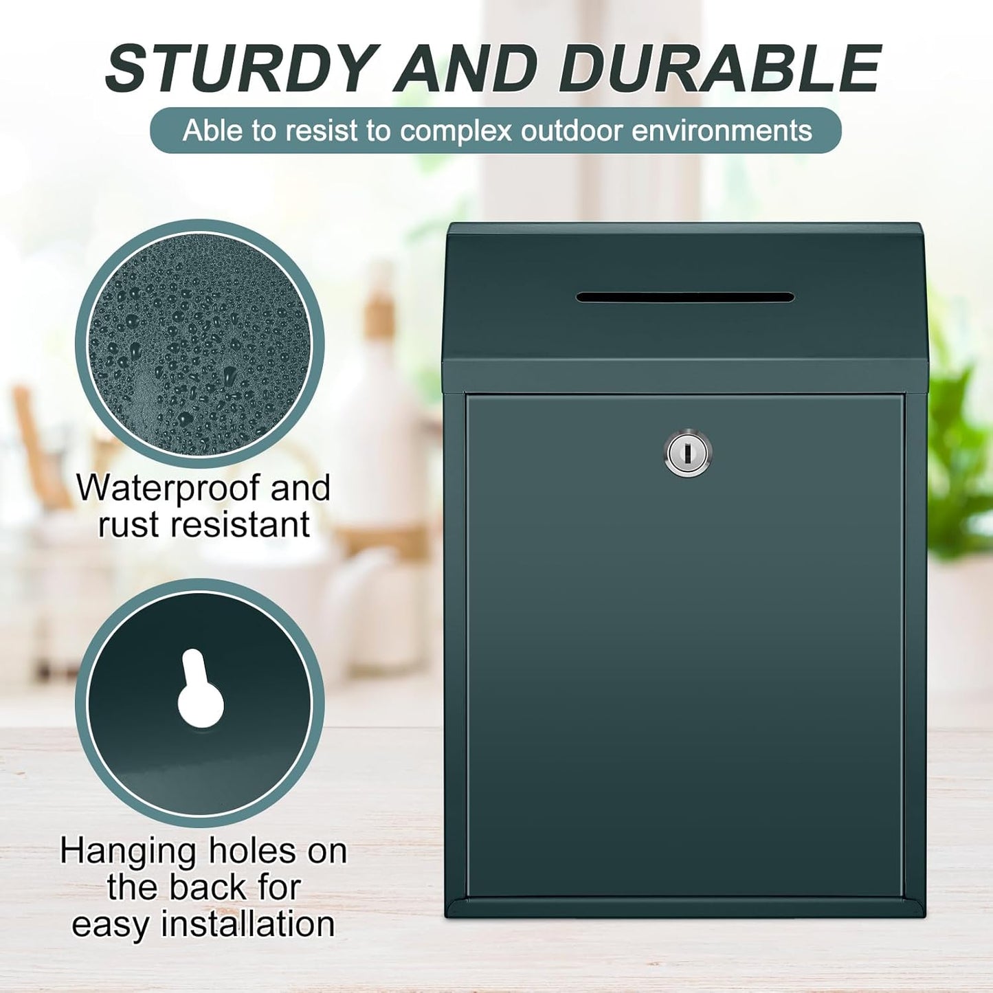 Metal Donation Cash Box Collection Safe Suggestion Box with Lock Wall Mounted Mailbox Delivery Ballot Container for Home Office Outdoor Door(Green,11.8 x 8.6 x 4.7 Inch)