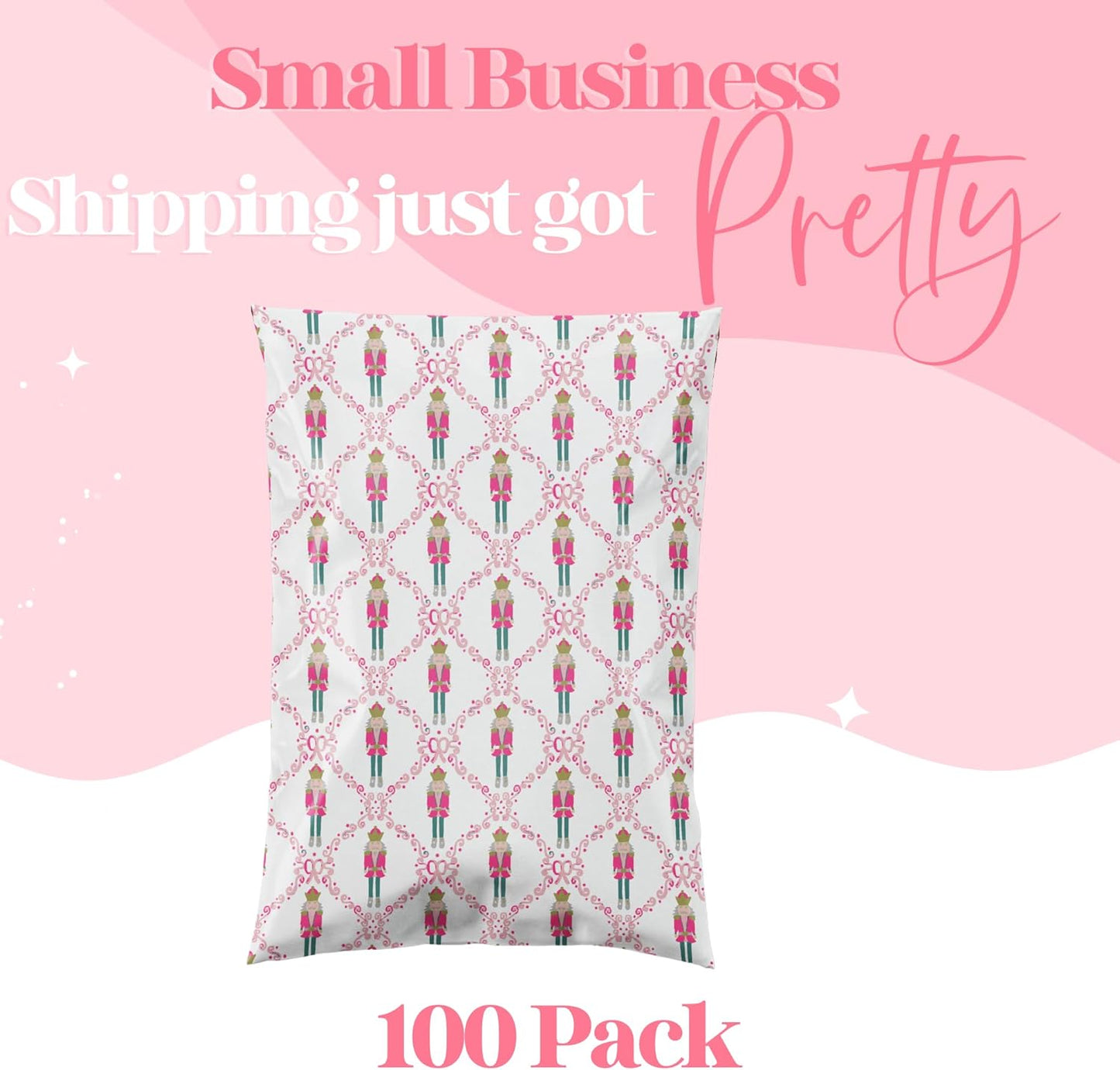 10x13 Designer Poly Mailer 100 Pack Heavy Duty Waterproof Self Seal Shipping Bags for Small Business Large Mailing Envelopes Bulk Tear Resistant Packaging Pink Nutcracker Christmas Holiday