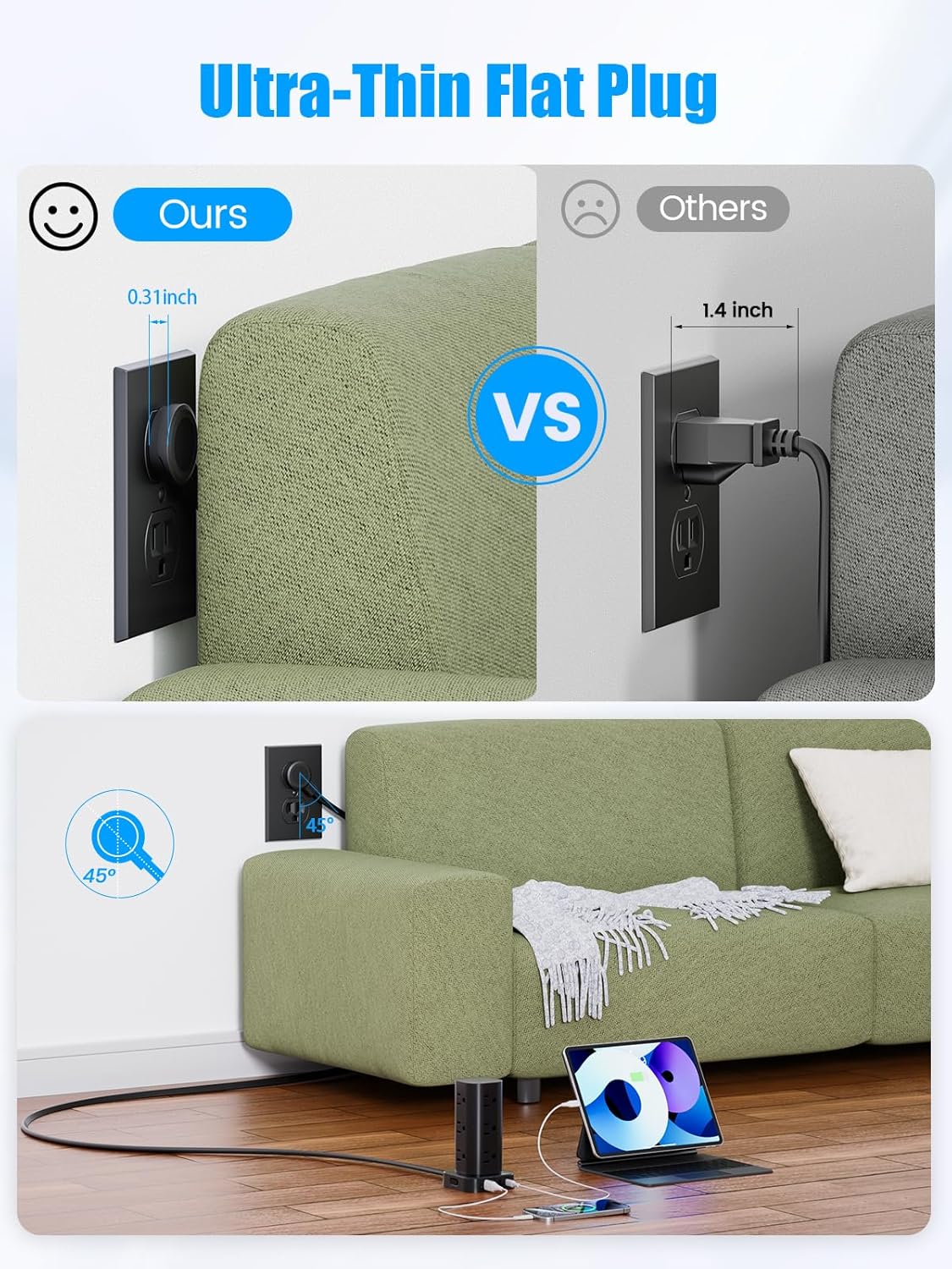 Tower Power Strip with 15W Wireless Charger, 10FT Flat Plug Extension Cord with Multiple Outlets, 12 AC Outlets, 4 USB Ports (2 USB C) Charging Station Surge Protector for Office Home Dorm Room(Black)