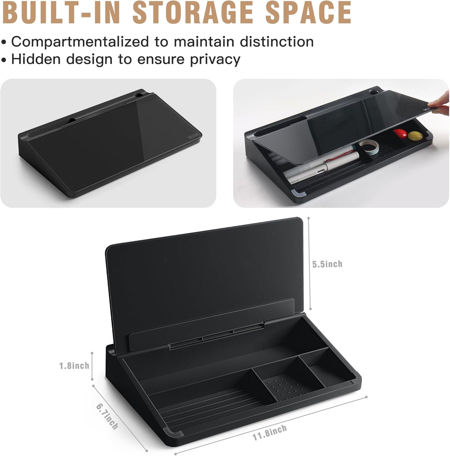 SELEAD Desktop Glass Whiteboard with Storage, Small Dry Erase White Board Computer Pad Keyboard Stand for Home, School, Office Desk Accessories - Black