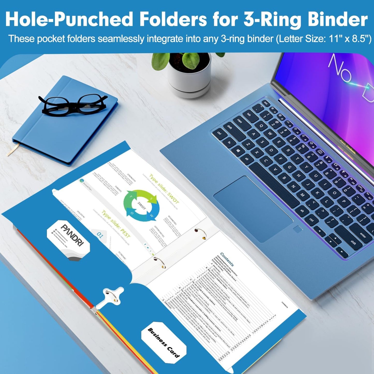 Two Pocket Portfolio Folders, PANDRI 60 Pack 3 Hole Punched 2 Pocket Folders for 3 Ring Binder, Letter Size Paper File Folder for School Office Home Business, Blue