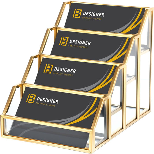 4 Slots Glass Business Card Stands for Display, Desktop Business Card Holder with Gold Metal Frame, Clear Name Cards Organizer for Office, Exhibition, and Meetings (4.13" L x 5.9" W x 4.72" H)