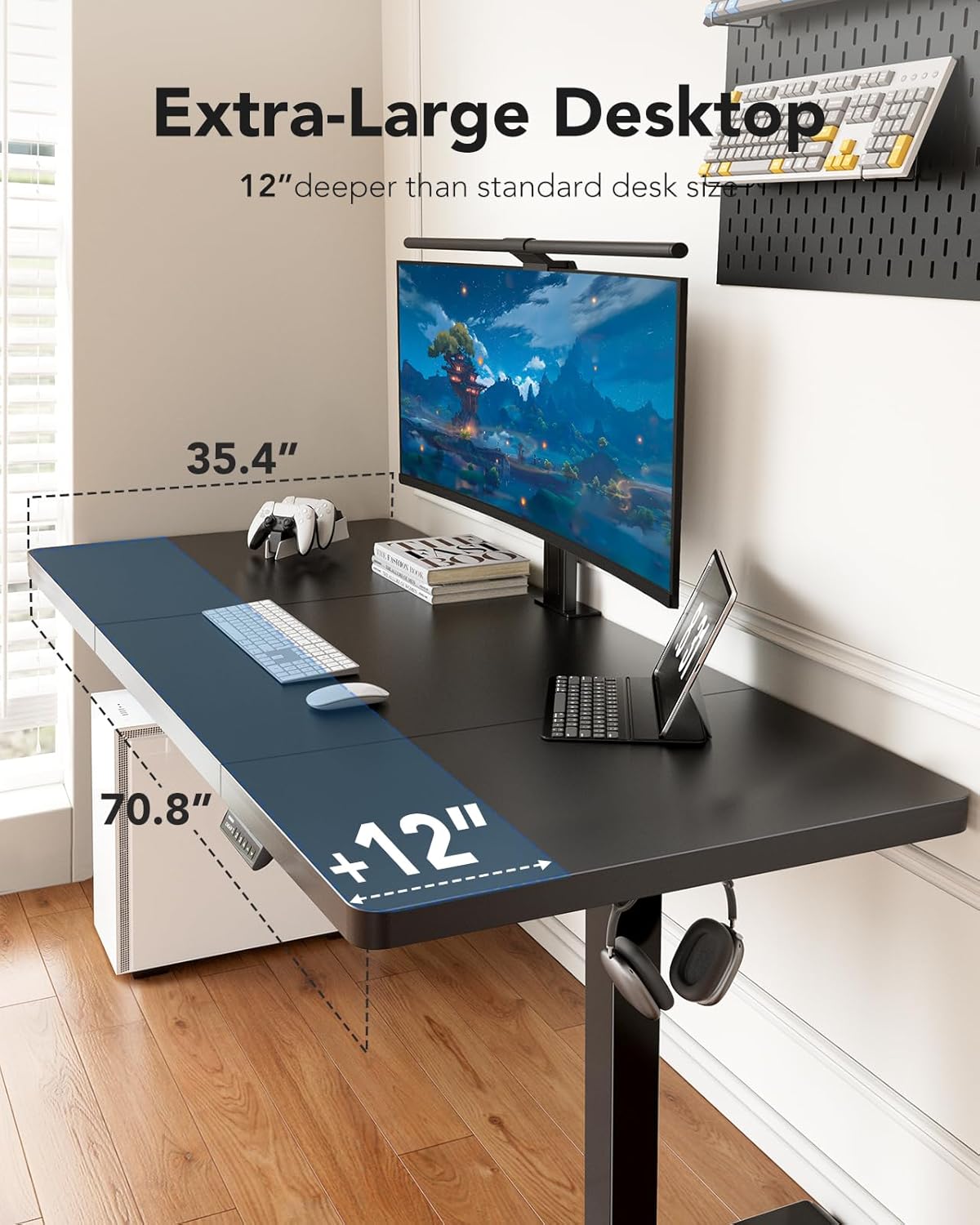 HUANUO Electric Standing Desk, 71 x 35 inch Large Height Adjustable Table, Powerful Brushless Motor, 4 Memory Preset, Sit Stand Up Desk, Home Office Computer Table with Thick T-Shaped Frame