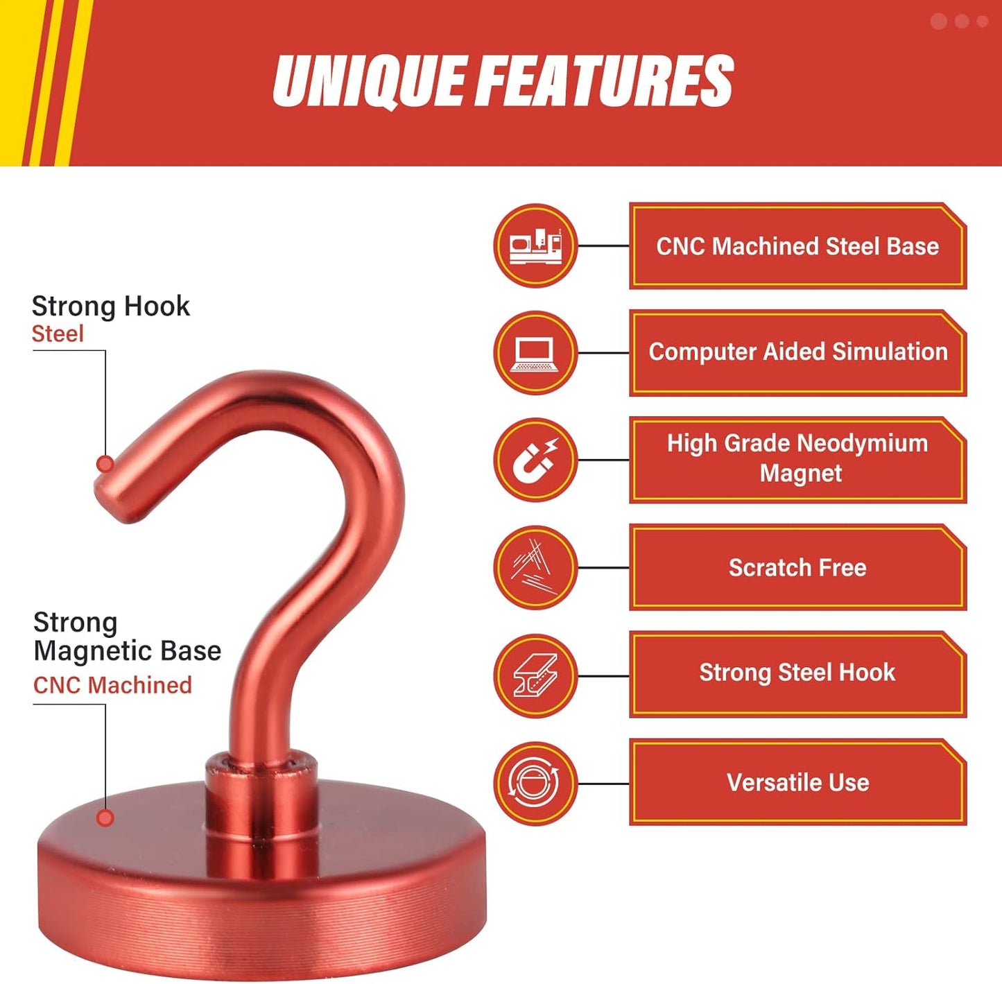 Neosmuk Magnetic Hooks Heavy Duty, Strong Magnet with Hook for Fridge, Super Neodymium Extra Strength Industrial Hooks for Hanging, Magnetic Hanger for Toolbox, Cruise, Grill(Red,4 Pack)