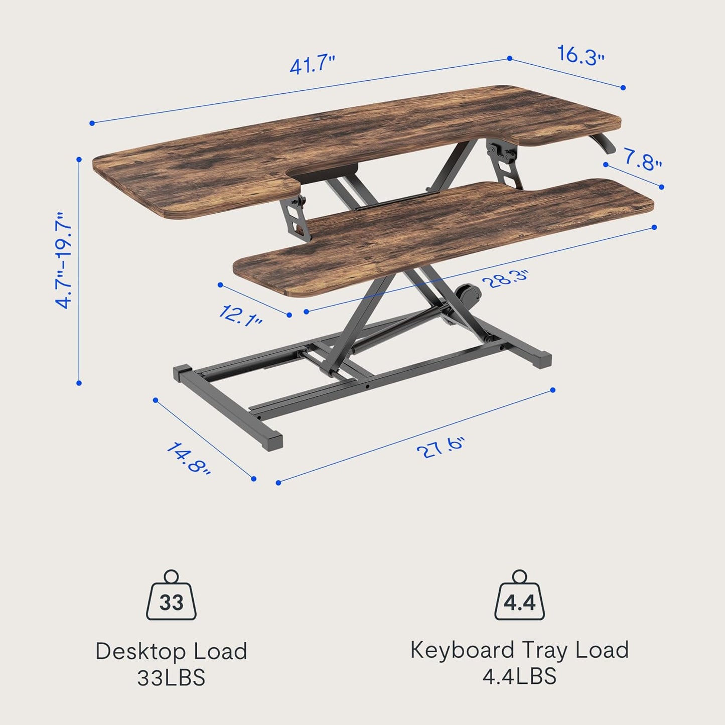 FLEXISPOT Height Adjustable Standing Desk Converter 42" Sit-to-Stand Desk Riser with Wide Keyboard Tray Workstation for Home and Office, Rustic Color (Rustic Brown, 42")