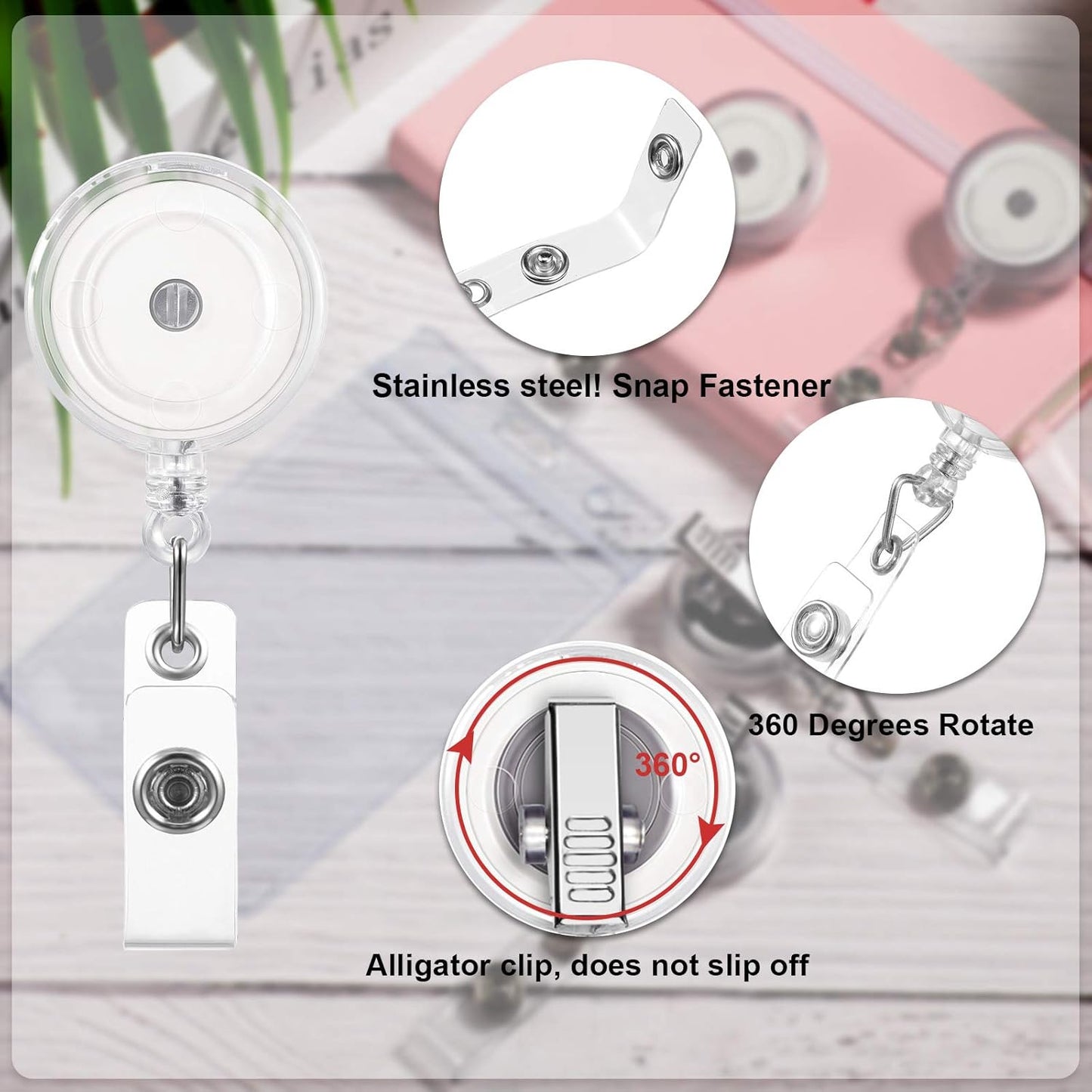 50 Pieces Retractable Badge Holder Reels with Swivel Alligator Clip, ID Card Holder Name Badge Reel Clips for Students Teachers Office Workers (Translucent Clear)