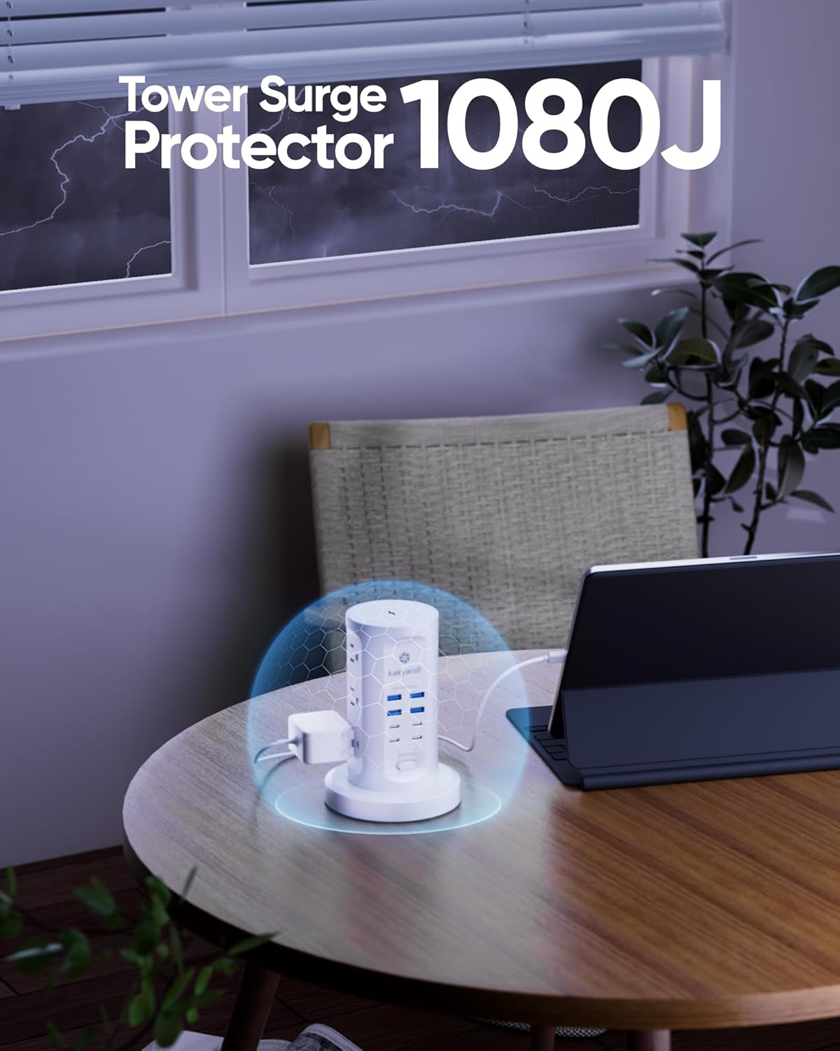 Power Strip Tower, kakyanill Surge Protector Tower 9 AC Outlets 8 USB (4 USB C), 6 Ft Retractable Extension Cord, Charging Station for Office Dorm Room, White