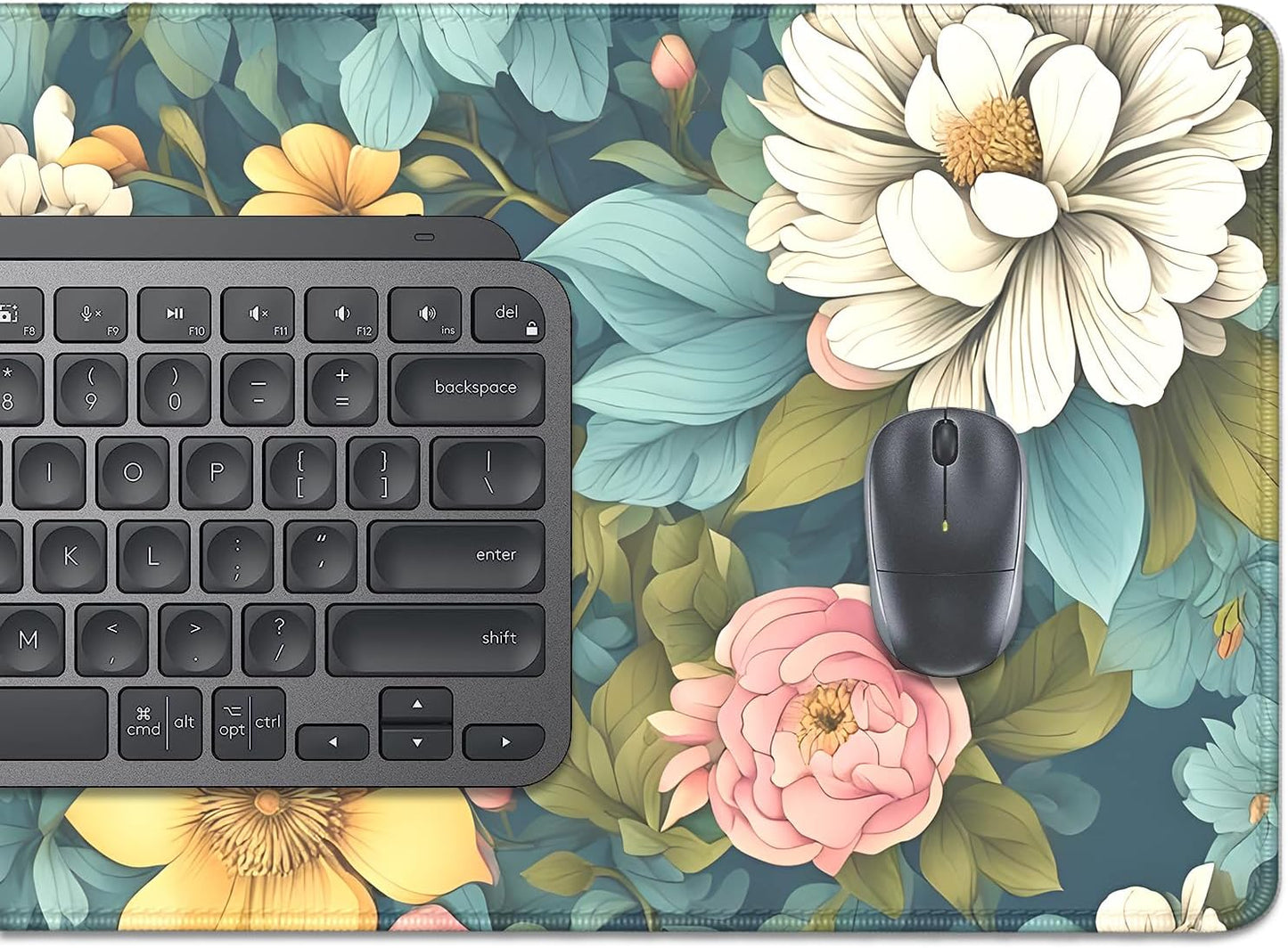 Colorful Flowers Desk Pad Mouse Pad,Large Floral Mouse Mat with Stitched Edges,Non-Slip Rubber Base Mousepad for Office PC Keyboard Laptop and Home Work Desk Mat(27.5X11.8 in)