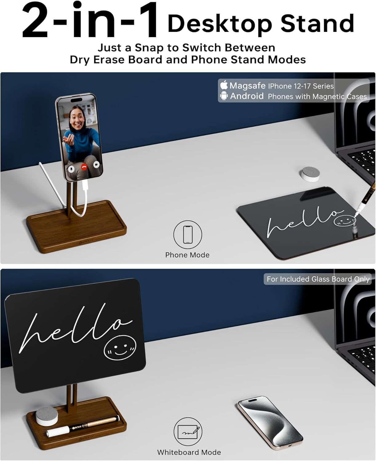 YEOUX Premium Desktop Glass Whiteboard & Magnetic Phone Stand 2-in-1 | 360° Adjustable | Solid Wood | MagSafe Compatible, Small Dry Erase Board for Office Home Desk