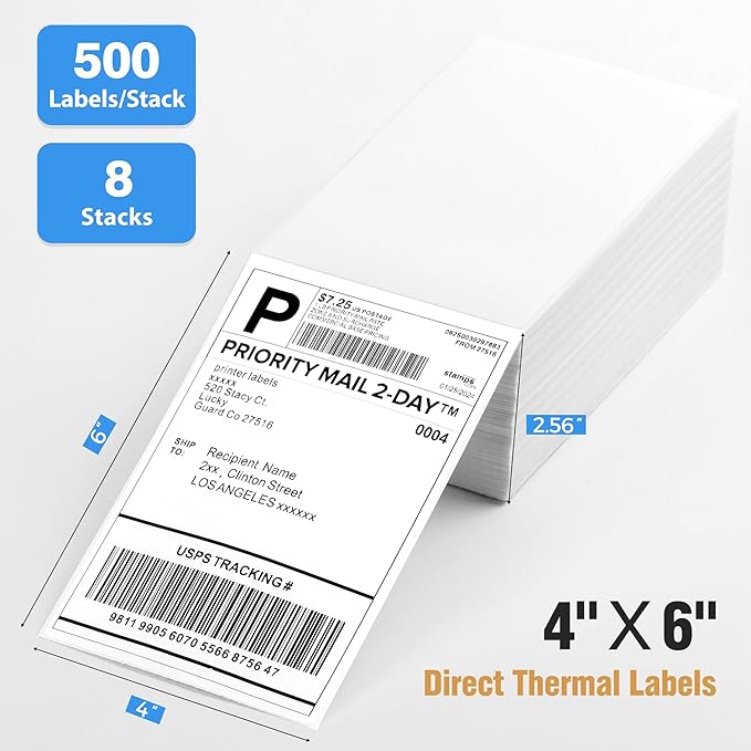 Fanfold 4" x 6" Direct Thermal Labels 4000 Thermal Printer Paper 8 Stacks Shipping Labels