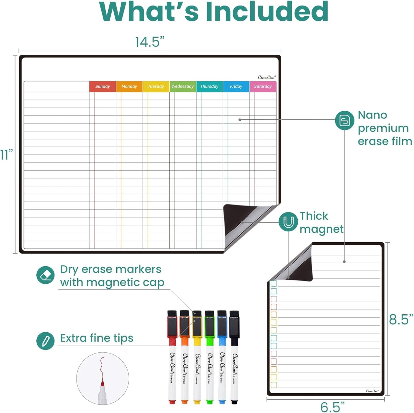 Magnetic Dry Erase Chore Chart - 14.5"x11" Chore Chart for Kids, Teens and Adults - 6.5"x8.5" List Board for Fridge - 6 Extra Fine Point Markers Included - Shipped Flat