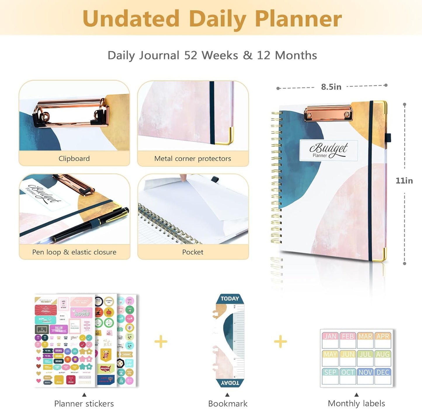 Ospelelf Undated Budget Planner with Expense Tracker and Bill Organizer Large Spiral Bound Monthly Account Planners to Take Control of Your Money 12 Months White