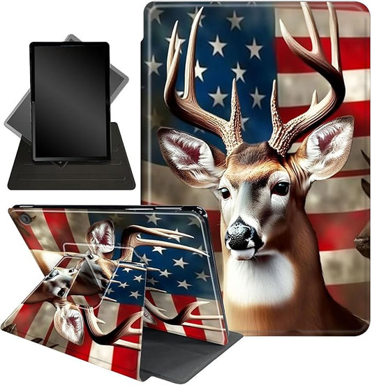 for All-New Amazon Kindle Fire 7 Tablet Case(12th, 2022 Release),Fire 7 Tablet Case,360 Degree Rotating Stand Smart Protective Case, for Fire 7 2022 Tablet (7” Display),American Flag/Deer