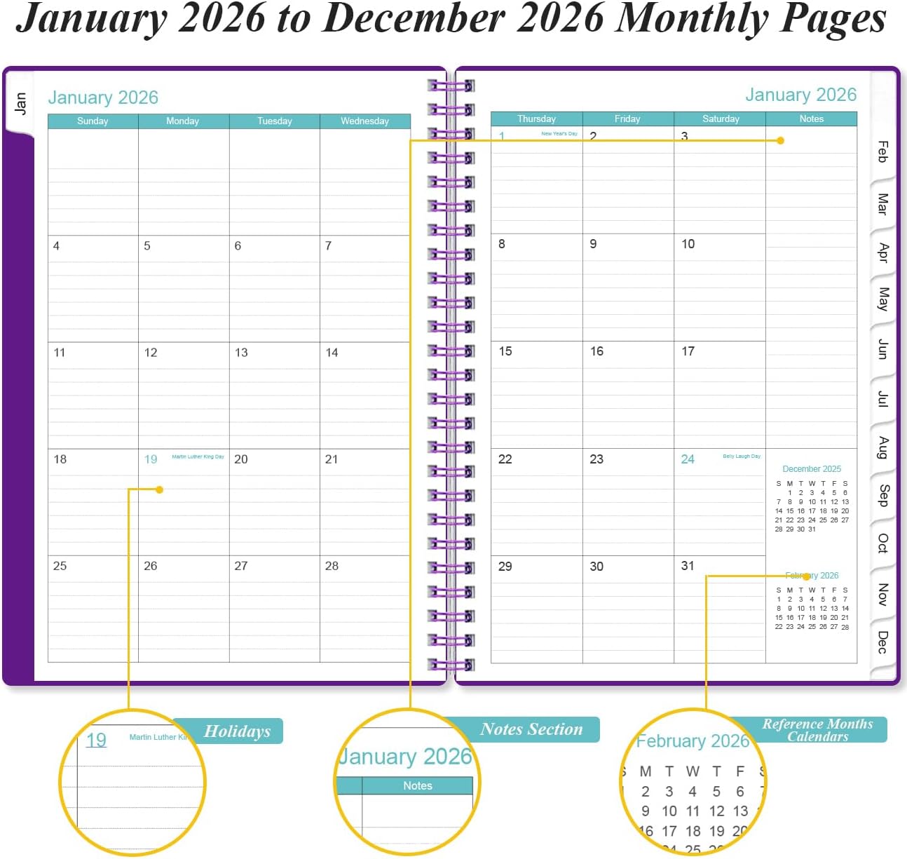 2026 Planner - Planner 2026 from January 2026 - December 2026, Weekly & Monthly Planner Spiral Bound with 12 Monthly Tabs, Inner Pocket, 6.4" x 8.5", Purple-B