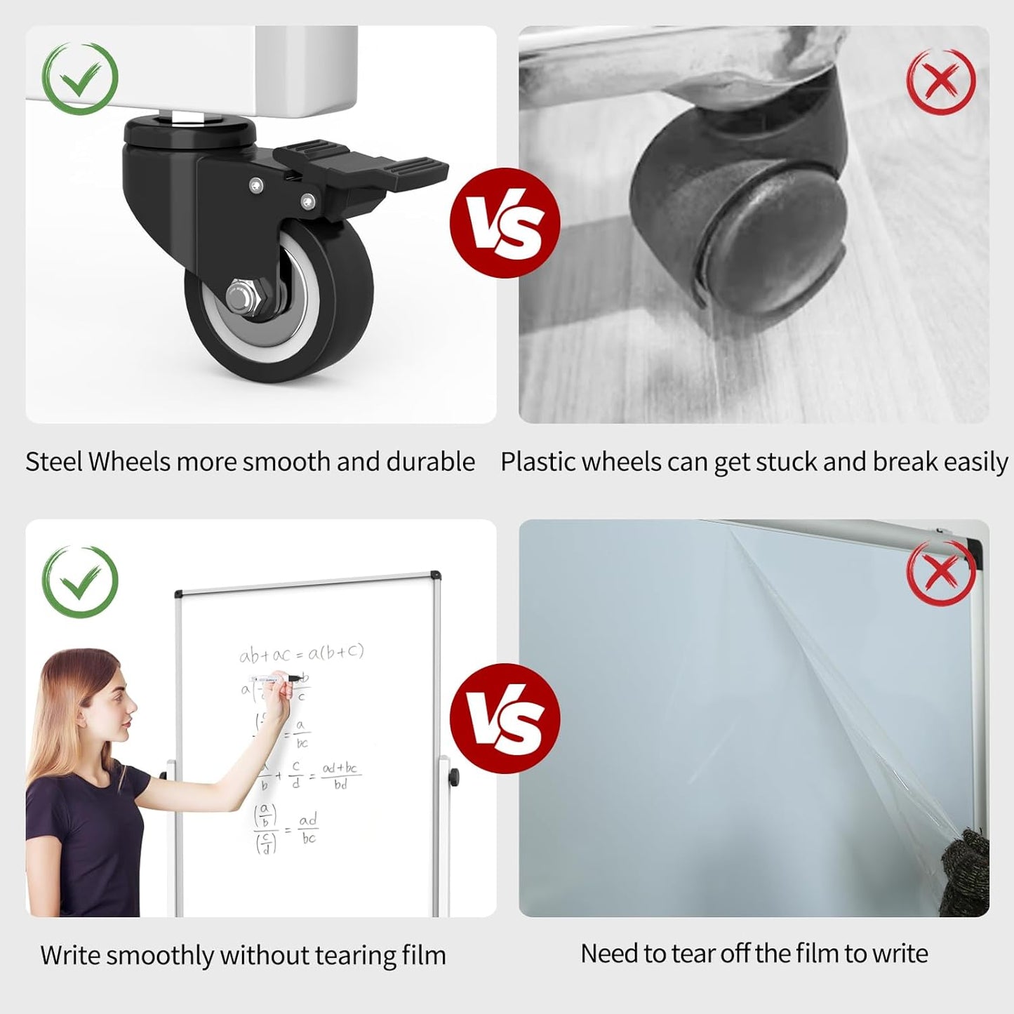 Rolling Whiteboard, Double Sided Magnetic Dry Erase Board Height Adjustable Whiteboard with Stand for Home Office Classroom (44" x 28")