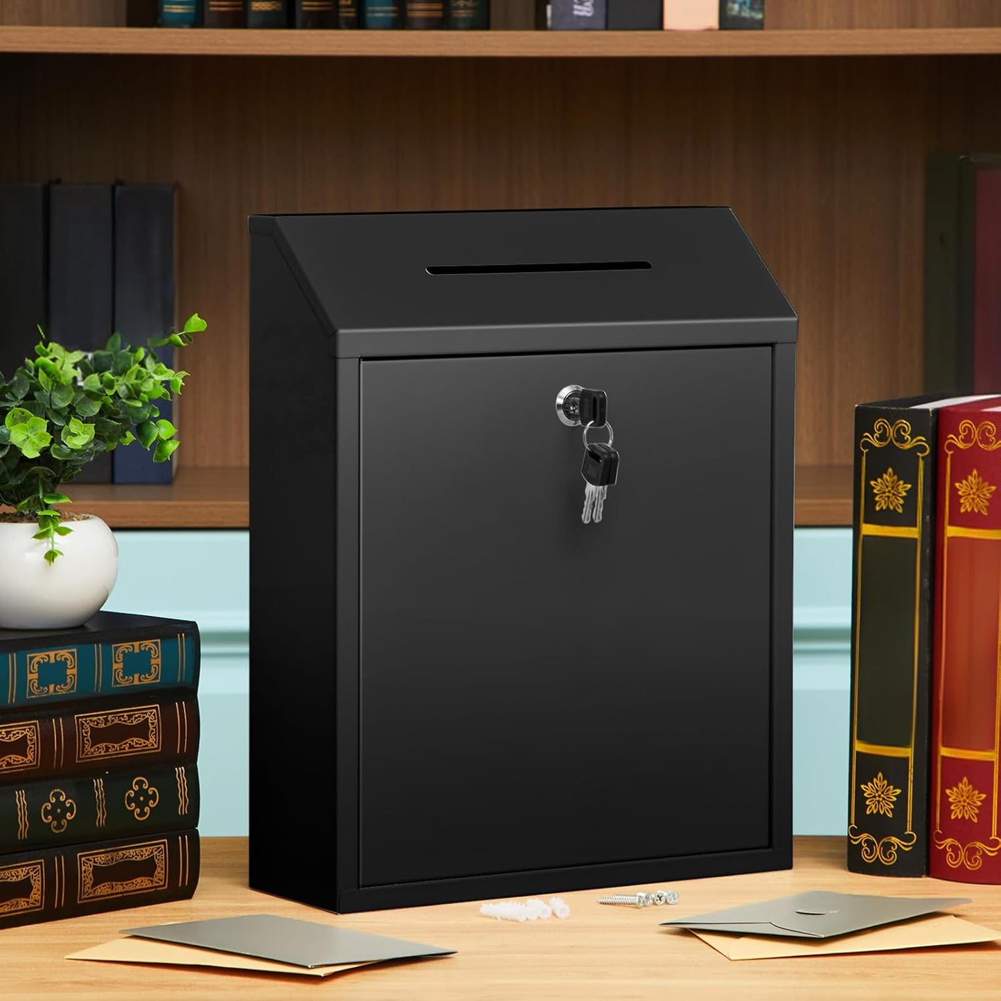 Metal Donation Cash Box Collection Safe Suggestion Box with Lock Wall Mounted Mailbox Delivery Ballot Container for Home Office Outdoor Door(Black,15 x 12 x 4 Inch)