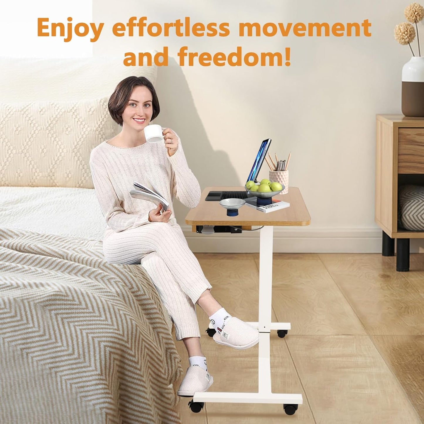 CLATINA Mobile Laptop Standing Desk, Height Adjustable Teacher Podium with Lockable Wheels, Adjustable Work Table with Drawer, Computer Cart Overbed Table for Home Office Classroom, Beige