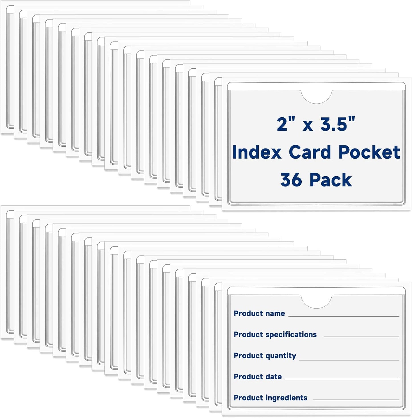 36Pcs Adhesive 2" x 3.5" Index Card Pockets, Clear Label Holders with Top Open for Loading, Plastic Pocket Sleeves for Organizing Storage Bins, Library Cards, Shelves