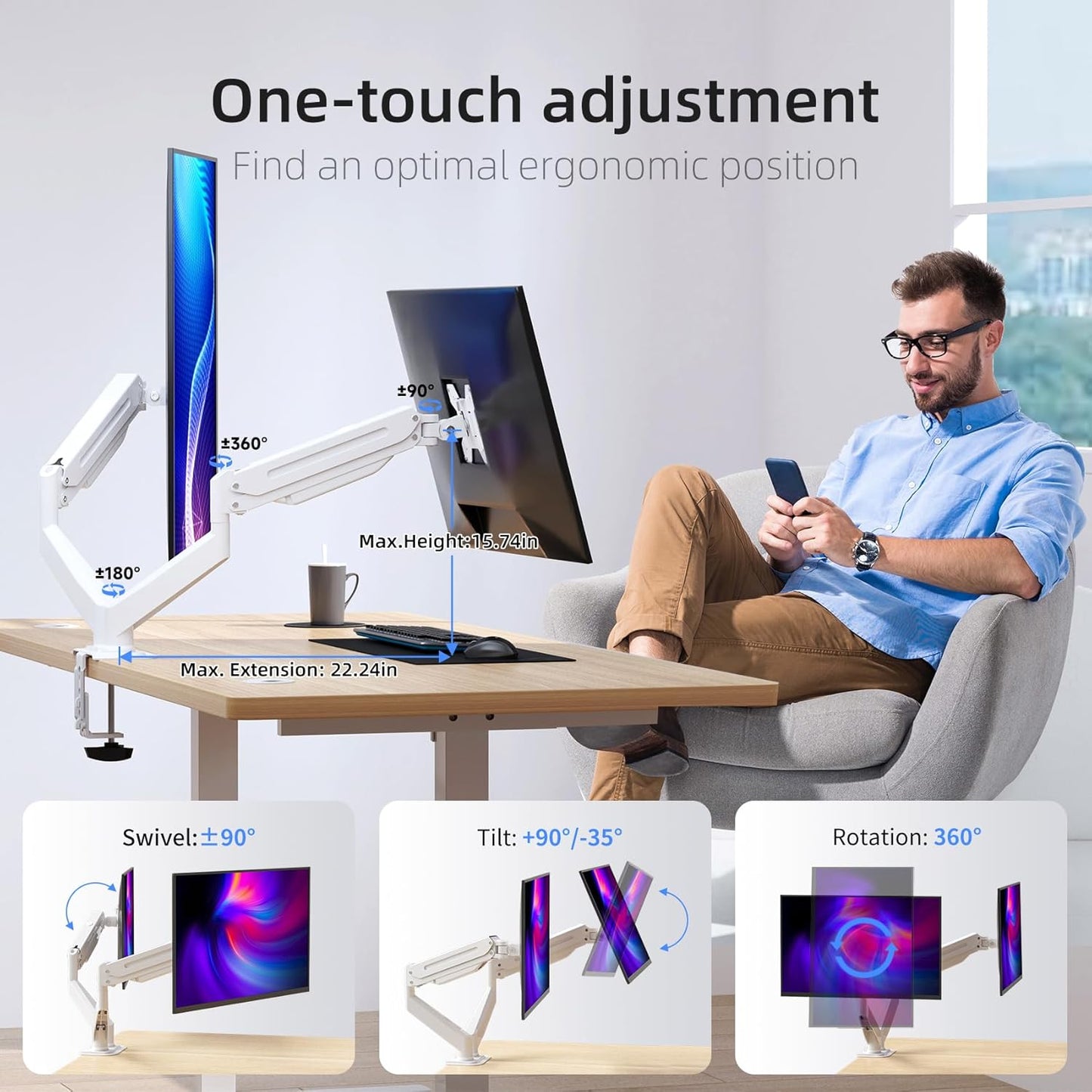 Suptek Dual Monitor Mount Stand-Height Adjustable Gas Spring Monitor Arm Desk Mount for 2 Monitor Screens 17 to 32 inches - Each Arm Holds up to 22lbs,White(MD8SPW)