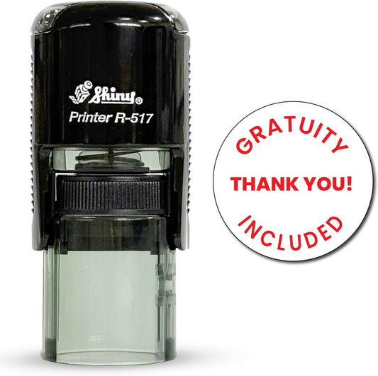 Shiny Gratuity Included Stamp, Round Self Inking Stamp for Restaurant, Bar and Retail, Red Ink