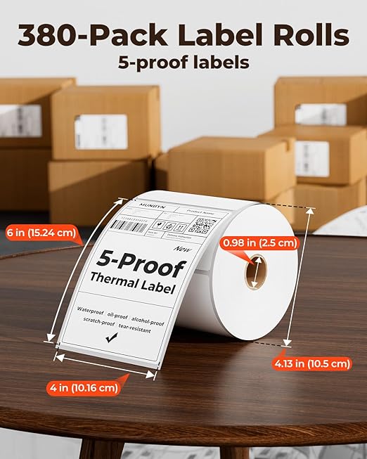 MUNBYN 4"x6" Direct Thermal Shipping Labels, Durable Waterproof, Oil-Proof, Scratch-Proof, Alcohol-Resistant, Tear-Resistant Label Paper for Thermal Printers, Packages, and Logistics, 380 Sheets/Roll