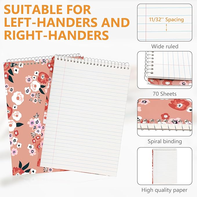 6 Pack 8.5 x 11'' Top Bound Office Steno Book Wide Ruled Double Sided Spiral Notebooks Reliable White Paper 70 Sheets/Pad Pastel Colors Covers for Writing School Notes (Floral Color)