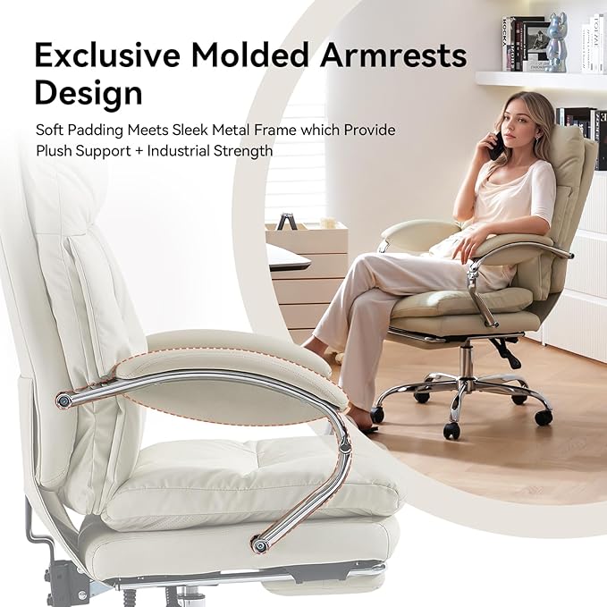 LEAGOO Office Chair with Foot Rest, Ergonomic Executive Office Chair with Arms, Reclining High Back PU Leather Comfy Swivel Computer Desk Chairs with Wheels and Lumbar Support for Home Office, Cream