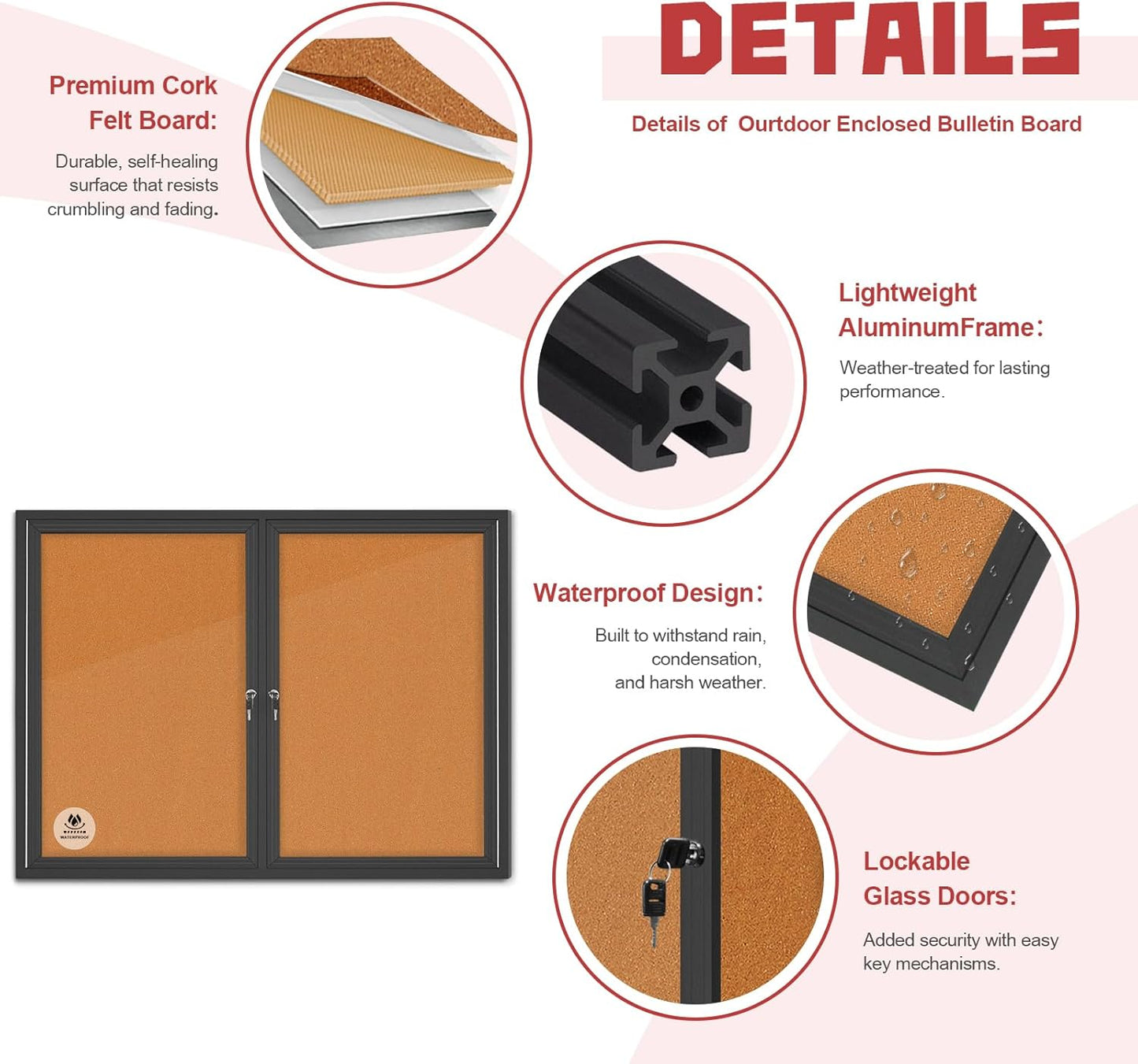 Lockable Outdoor Enclosed Bulletin Board,Weatherproof Cork Noticeboard with Locking Door, Wall-Mounted Aluminum Frame Display Case for Office, Home, School (Black Frame | Cork Surface, 44x32 inch)