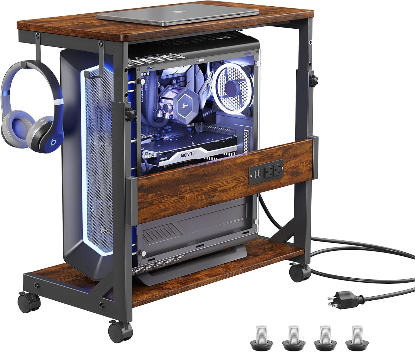 Height Adjustable Computer Tower Stand with Charge Station and USB Charging Port, 2-Tier ATX-Case Cart, Under Desk Mobile PC Stand, CPU Holder Cart with Locking Caster Wheels for Fits Most PC