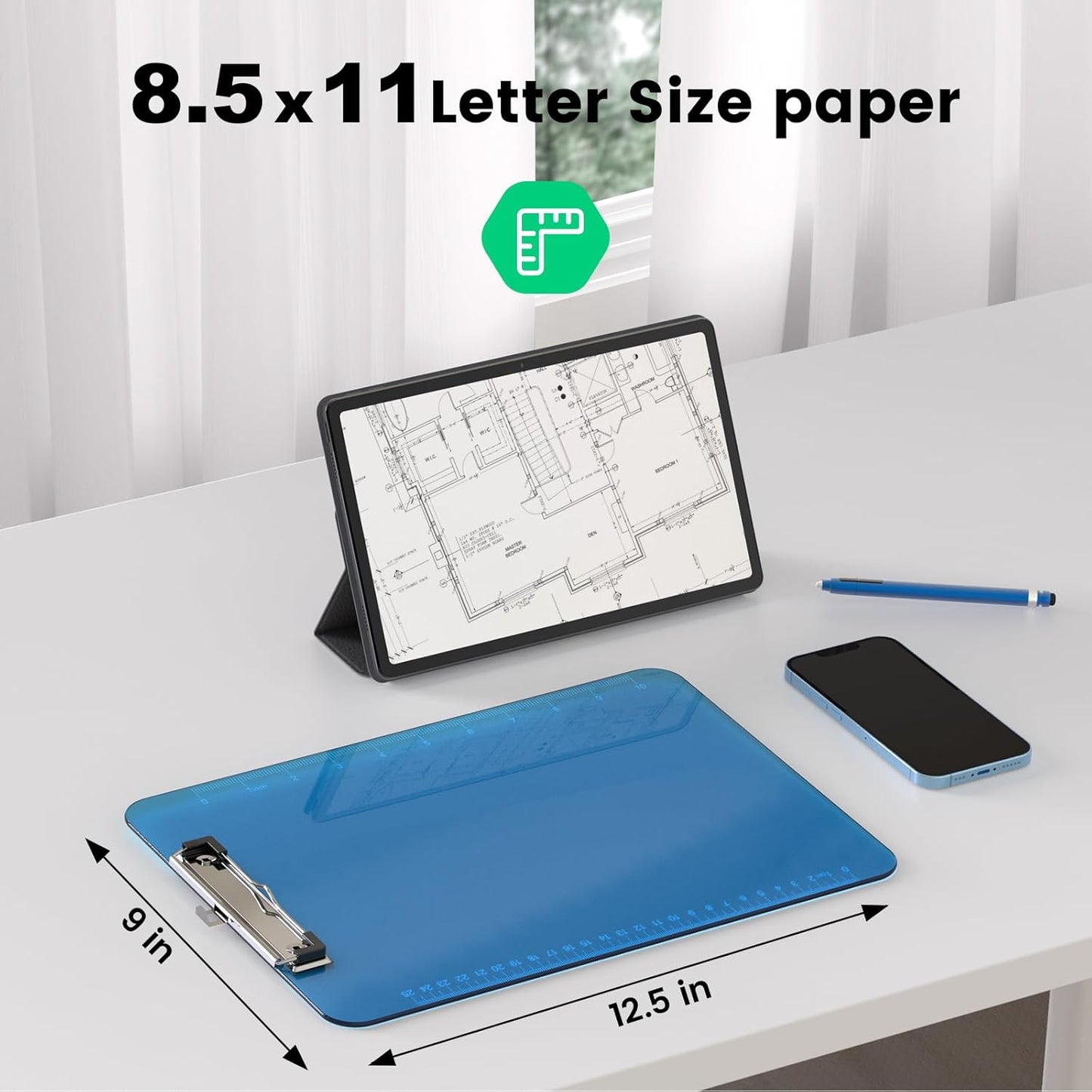 Bulk Clipboards Set of 12, 8.5x11 Plastic Colored Clear Clip Board with Ruler, Suitable for Classroom, Students, Kid, Size 9" x 12.5" with Low Profile Clip, Office & School Supply