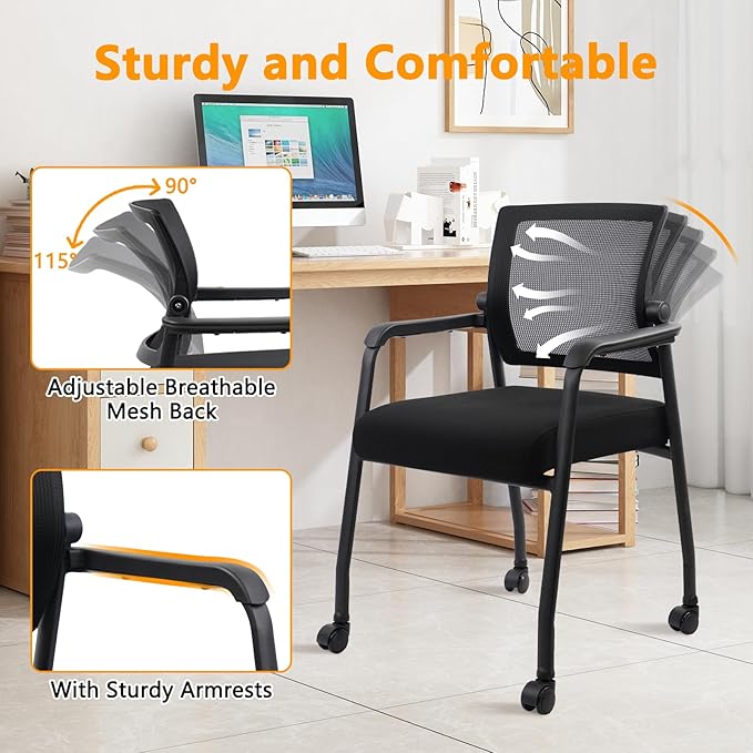 Waiting Room Chairs with Wheels, Adjustable Mesh Backrest, Desk Chair with Ergonomic Lumbar Support and Thickened Seats Cushion, 2 Pack Black