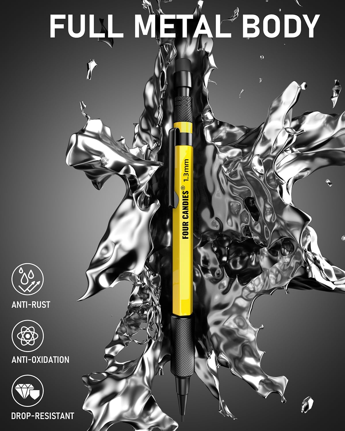 Four Candies 1.3mm Mechanical Pencil Set with 72 Lead Refills, 3PCS Metal Weatherproof Body Heavy Duty Carpenter Pencil, 3 Eraser, 16 Eraser Refills, for Outdoor Woodworking Drafting Marking with Case