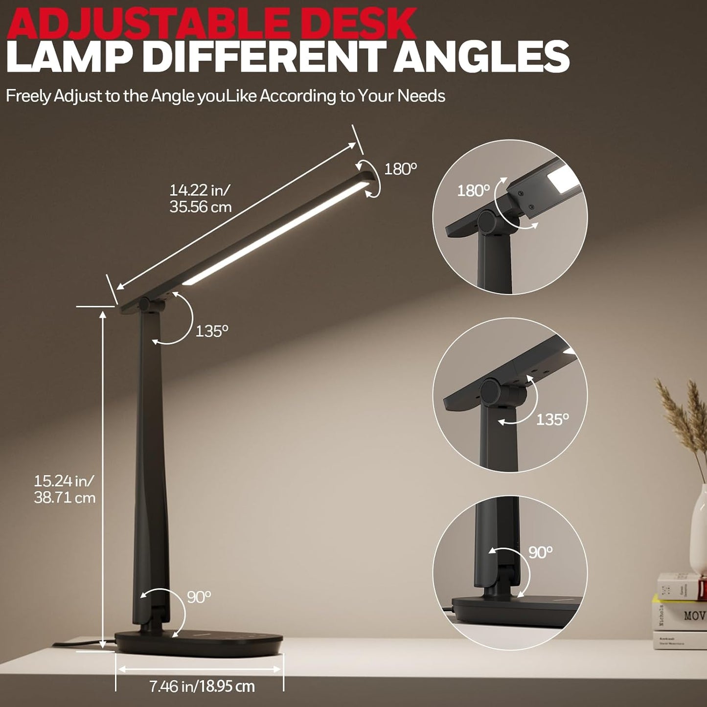 HONEYWELL Desk Lamp for Home Office, Dimmable LED Desk Light with USB A+C Dual Charging, 4 Modes Brightness Touch Lamp with Timer, Eye Caring Foldable Reading Light, Table Lamp for Study Nightstand