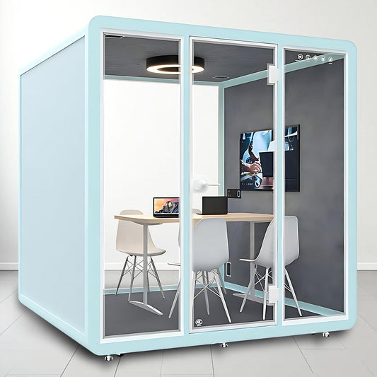 Office Sound Booth with Audio Privacy - Freestanding Soundproof Booth Includes Light Blue Frame Design,Modern Soundproof Room with Light, Socket,Casters for Meeting,Negotiation (86.61IN)